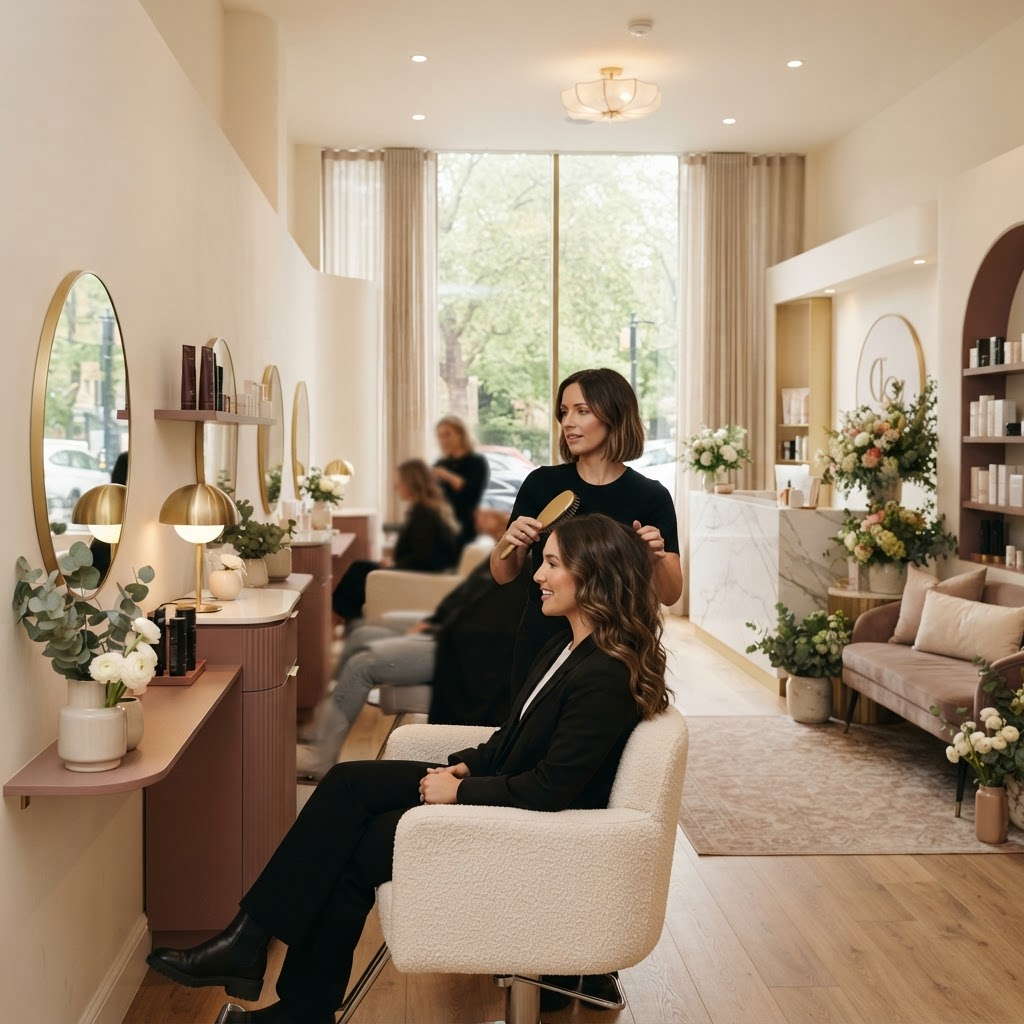 Serene upscale salon reception interior
