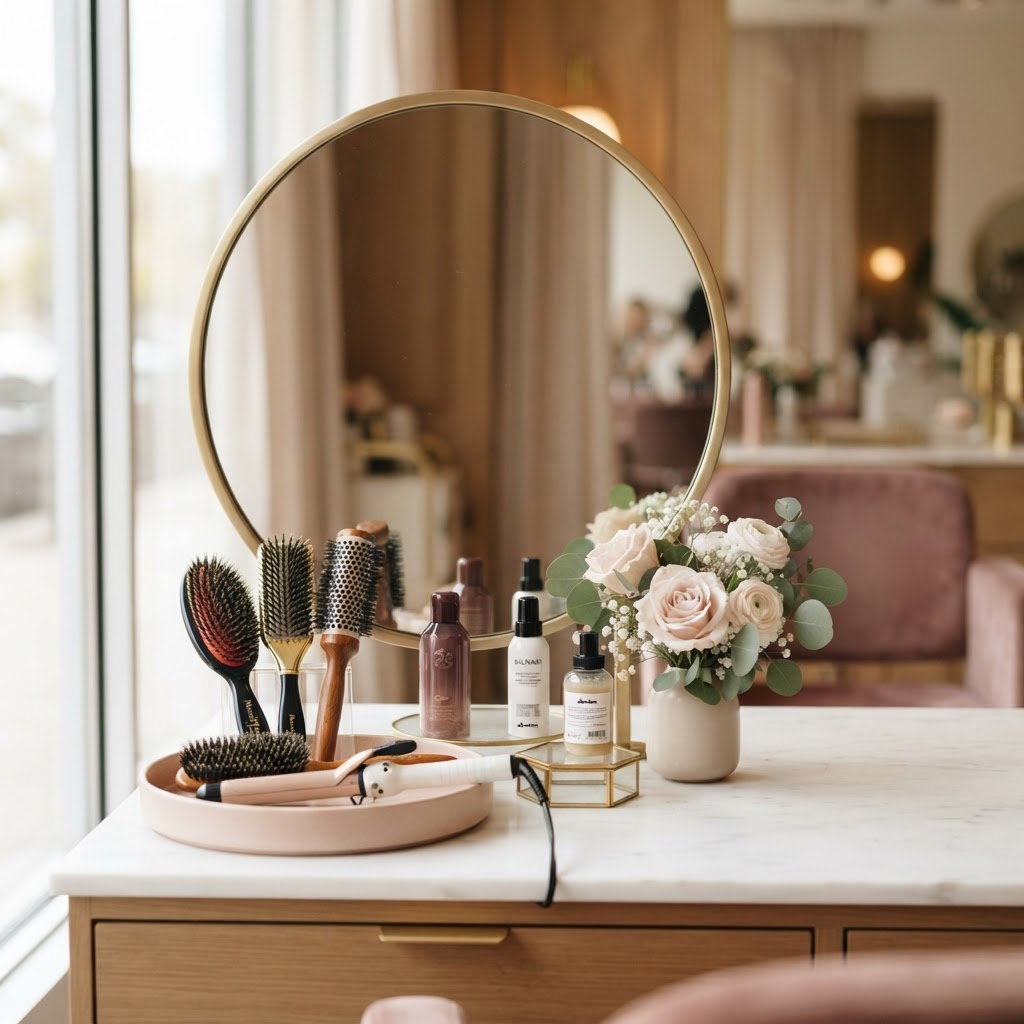 Elegant salon styling station with brushes and premium hair products